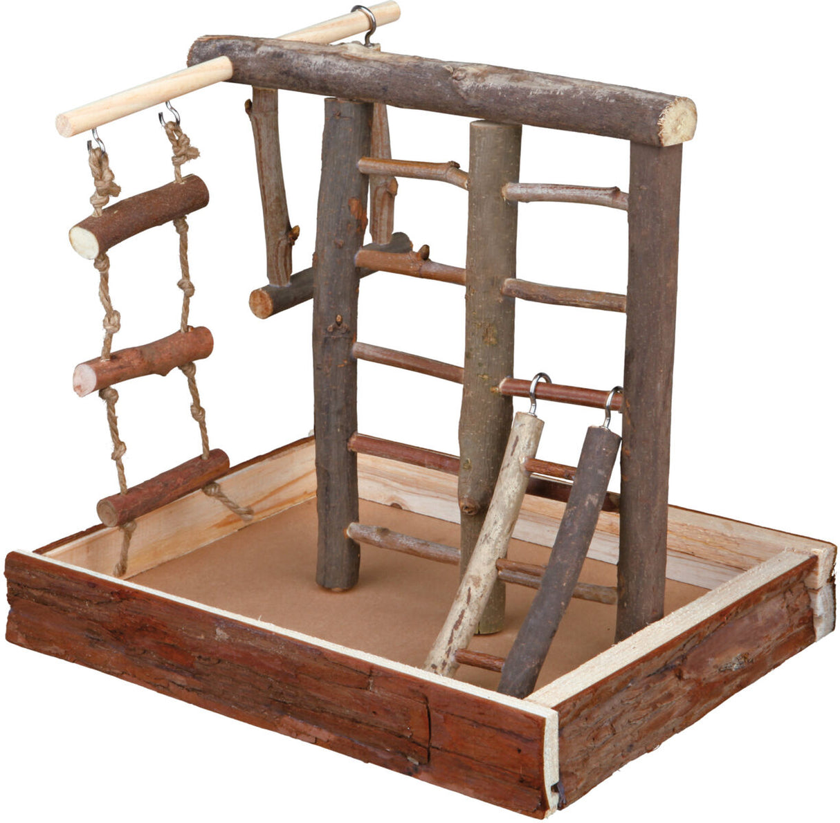 Kletterschaukel aus Holz mit mehreren Leitern, taupefarbene Basis, braune Äste und Seilaufhängung.