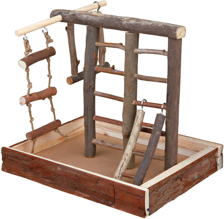 Kletterschaukel aus Holz mit mehreren Leitern, taupefarbene Basis, braune Äste und Seilaufhängung.