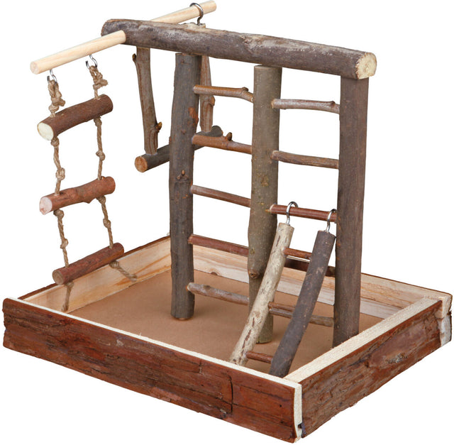 Kletterschaukel aus Holz mit mehreren Leitern, taupefarbene Basis, braune Äste und Seilaufhängung.