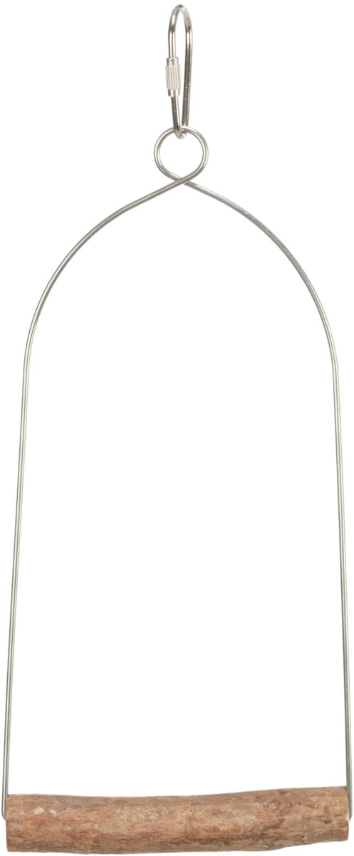 Ein Metallgestell mit Holzsitz, oben mit einem Ring und Karabinerhaken verbunden.