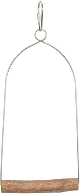 Ein Metallgestell mit Holzsitz, oben mit einem Ring und Karabinerhaken verbunden.