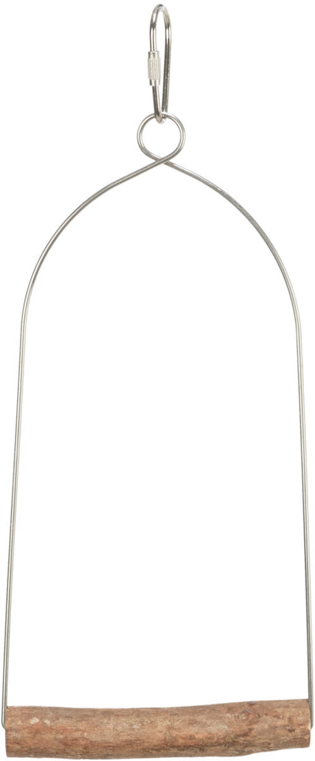 Ein Metallgestell mit Holzsitz, oben mit einem Ring und Karabinerhaken verbunden.