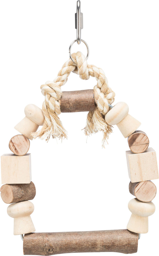 Holzspielzeug mit Naturseil, runde und quadratische Holzstücke, an Metallhaken hängend.