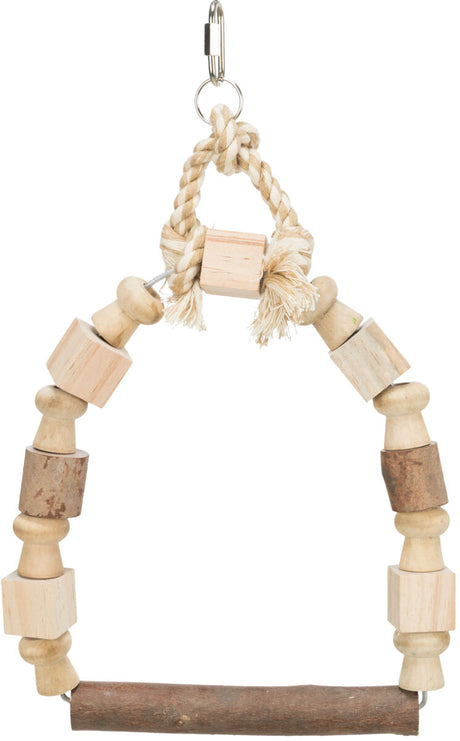 Holzvogelspielzeug mit hängender Sitzstange und Holzperlen, naturfarben, an einem Metallclip befestigt.