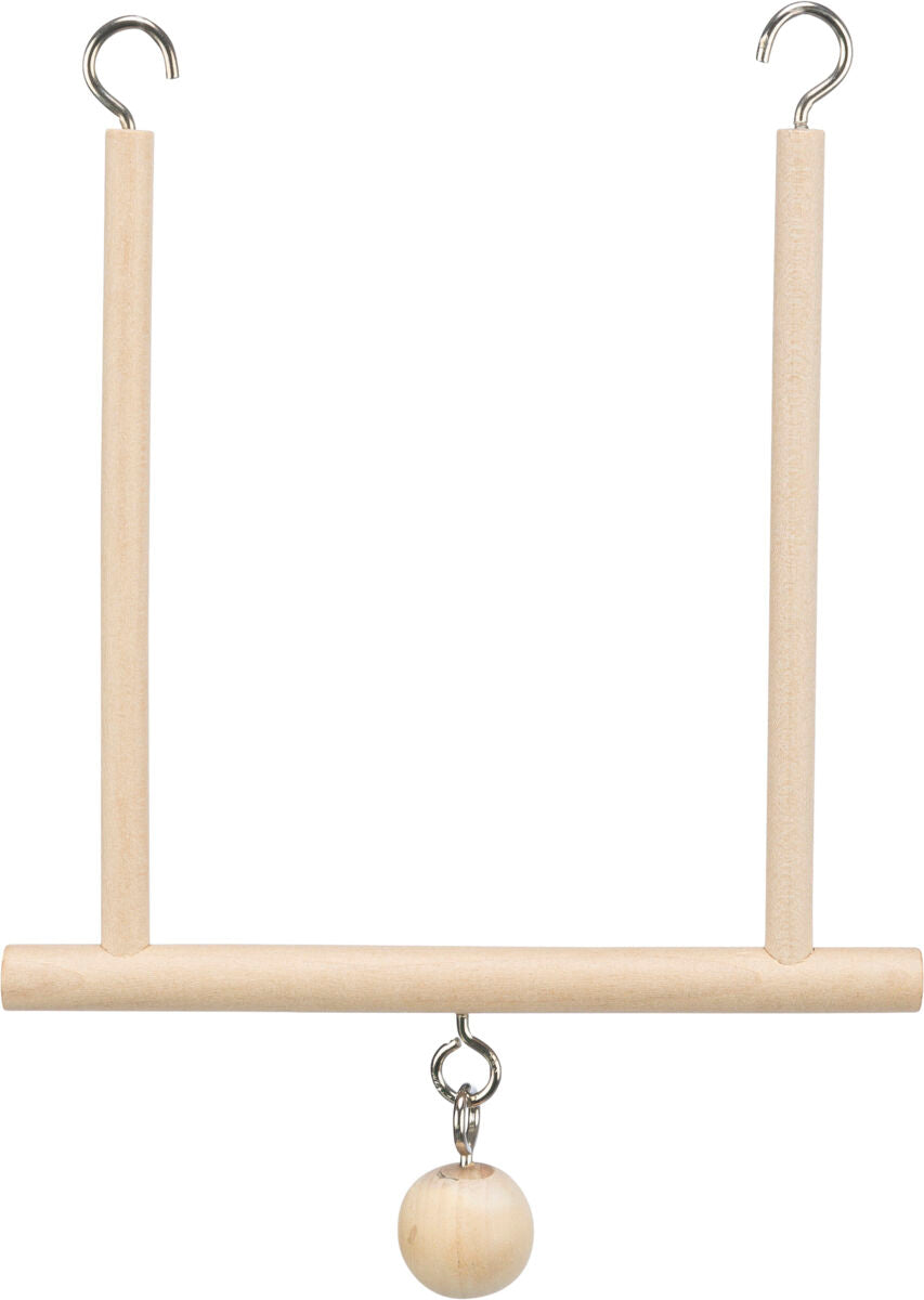 Holzvogelstange mit zwei Metallhaken zum Aufhängen und einer baumelnden Holzkugel in natürlicher Holzfarbe.