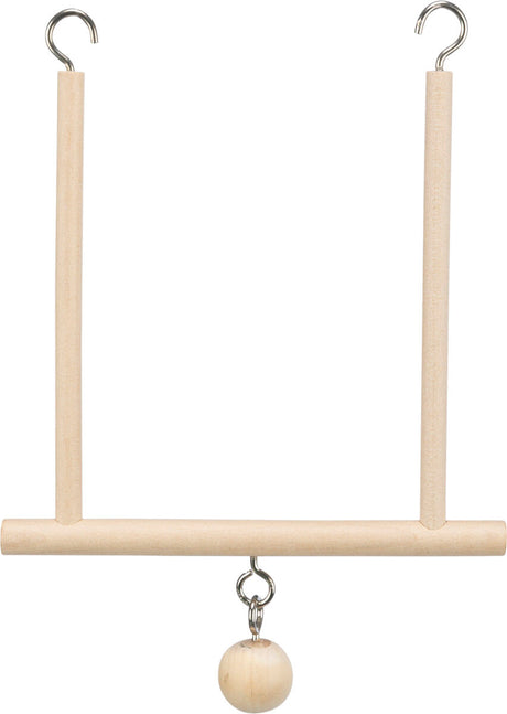 Holzvogelstange mit zwei Metallhaken zum Aufhängen und einer baumelnden Holzkugel in natürlicher Holzfarbe.