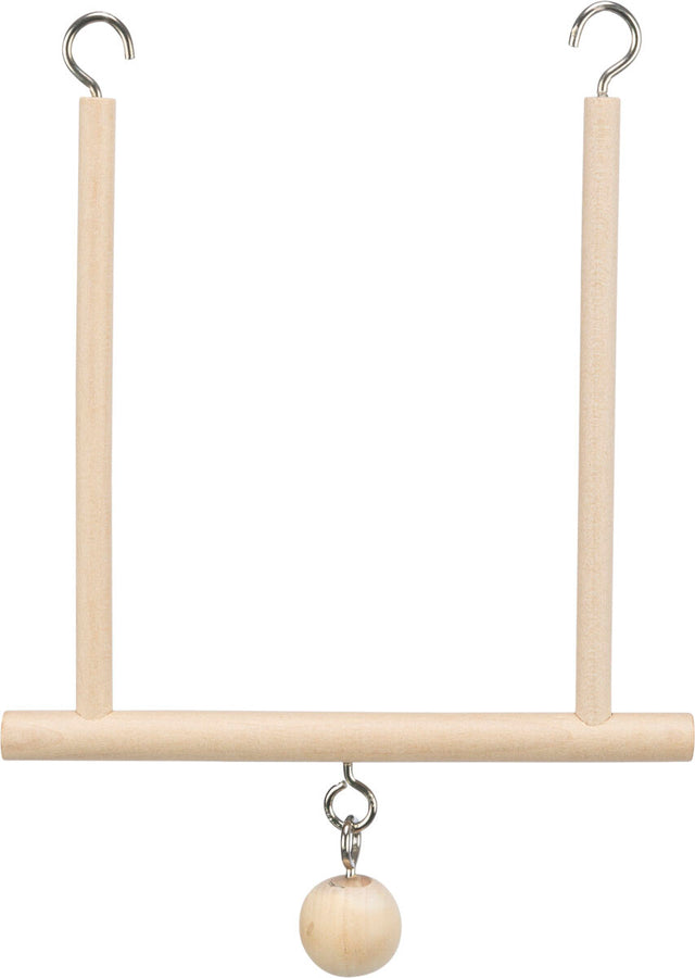 Holzvogelstange mit zwei Metallhaken zum Aufhängen und einer baumelnden Holzkugel in natürlicher Holzfarbe.