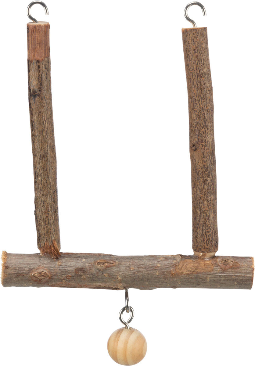 Hängende Holzstruktur mit zwei vertikalen Stäben, einem horizontalen Balken und einer hängenden Holzperle.