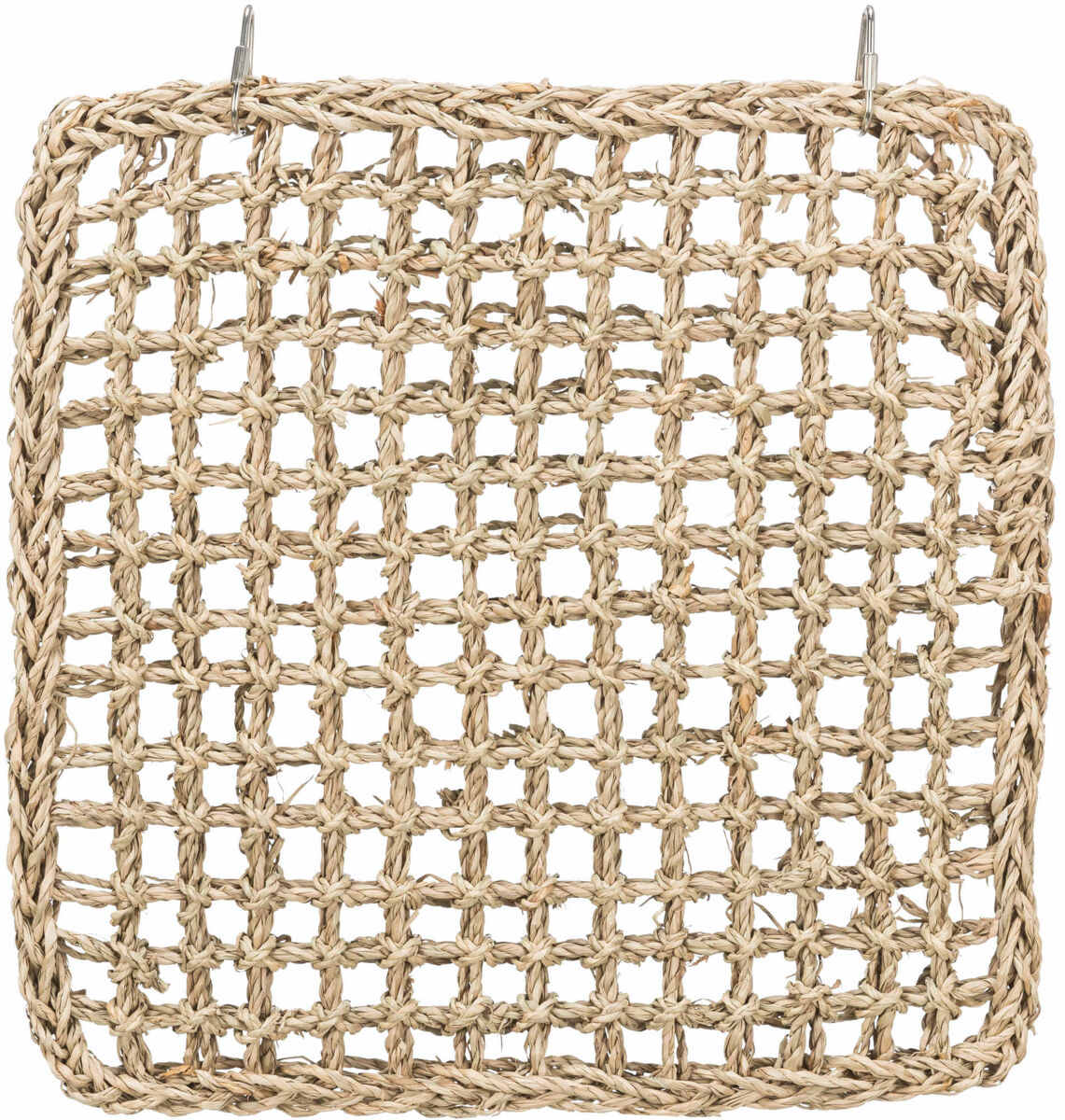 Rechteckiges geflochtenes Netz aus beigem Naturmaterial mit eckigem Muster und Metallhaken an der Oberkante.