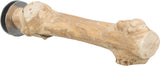 Holzähnliches, längliches Objekt mit ungleichmäßiger Oberfläche, an einem Ende befestigt auf einer Metallplatte.