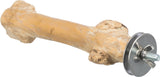 Ein hellbraunes Holzstück mit Metallbeschlag und Schraube am Ende, seitlich fotografiert.