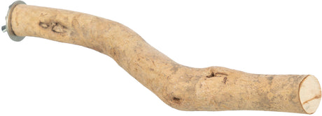 Ein gebogener Holzast mit einer Metallbefestigung an einem Ende, natürliche Maserung und hellbrauner Farbton.
