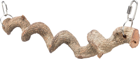 Gekrümmtes, spiralförmiges Stück Holz mit Metallhaken an beiden Enden, vor weißem Hintergrund.