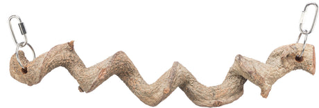 Eine spiralförmige Holzranke mit rauer Textur, an den Enden jeweils ein Karabinerhaken befestigt.