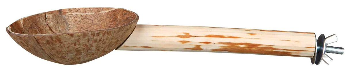 Braune, halbierte Schale mit zylindrischem Holzgriff und Metallschraube an der Unterseite.
