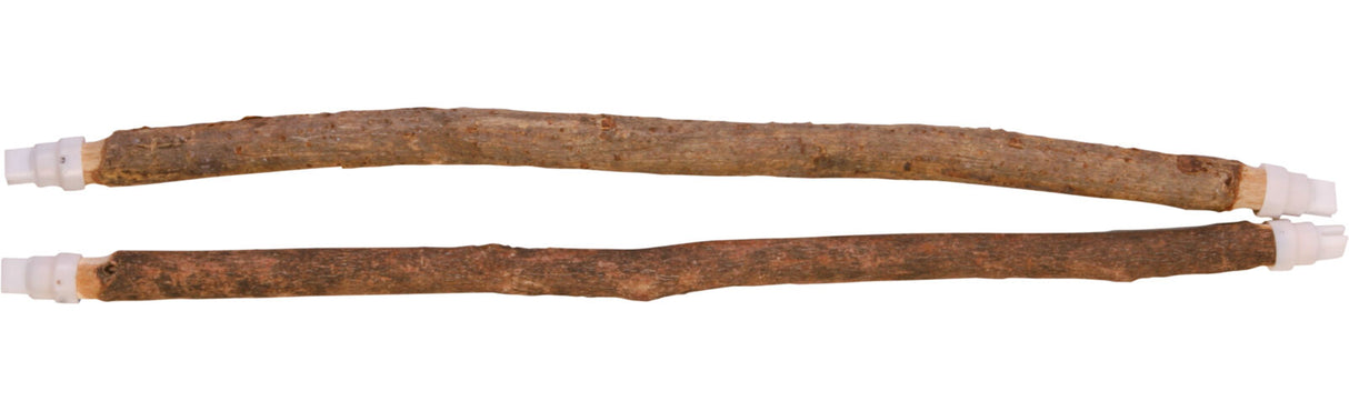 Zwei braune Holzstäbe mit weißen Kunststoffenden liegen parallel auf einem weißen Hintergrund.