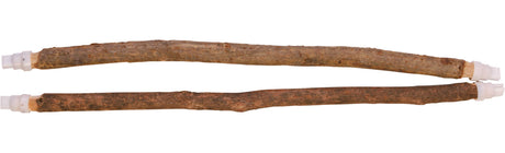 Zwei braune Holzstäbe mit weißen Kunststoffenden liegen parallel auf einem weißen Hintergrund.