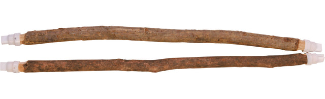 Zwei braune Holzstäbe mit weißen Kunststoffenden liegen parallel auf einem weißen Hintergrund.