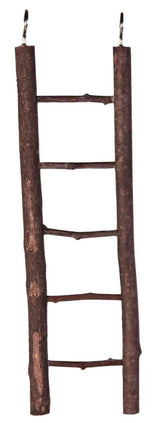 Holzleiter mit vier Sprossen und zwei Metallhaken oben zur Befestigung, natürliche Astoptik.