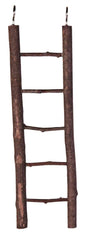 Holzleiter mit vier Sprossen und zwei Metallhaken oben zur Befestigung, natürliche Astoptik.