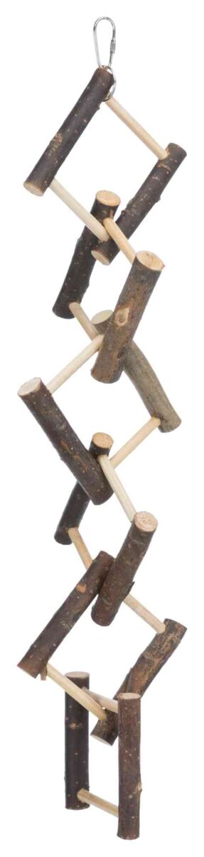 Holzleiter aus dunklen und hellen Stöcken mit Karabinerhaken, in Zickzack-Form angeordnet.