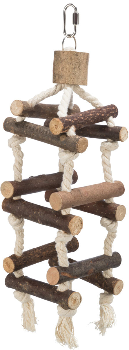 Hängendes Spielzeug für Vögel mit Holzstäben und Seilen, über einen Karabinerhaken verbunden.