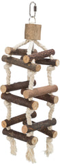 Hängendes Spielzeug für Vögel mit Holzstäben und Seilen, über einen Karabinerhaken verbunden.