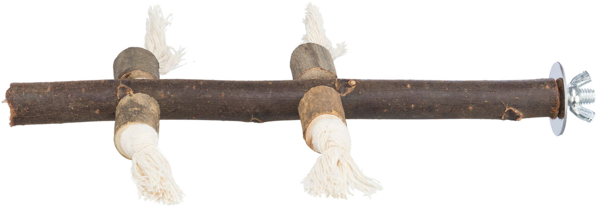 Ein Holzstab mit mehreren kurzen, quer angebrachten Ästen und weißen Kordelenden, befestigt mit einer Metallschraube.