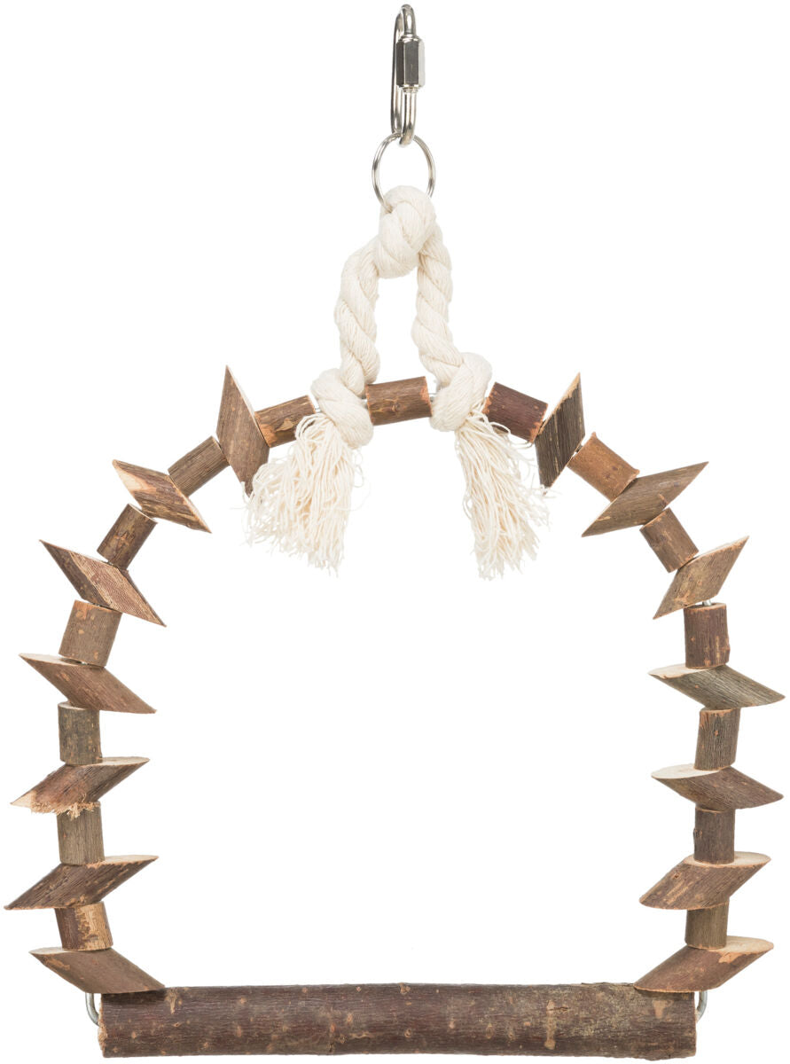 Holz-Schaukel für Vögel mit Seilbefestigung und Metallhaken, bestehend aus einem Bogen mit aufgereihten Holzscheiben.