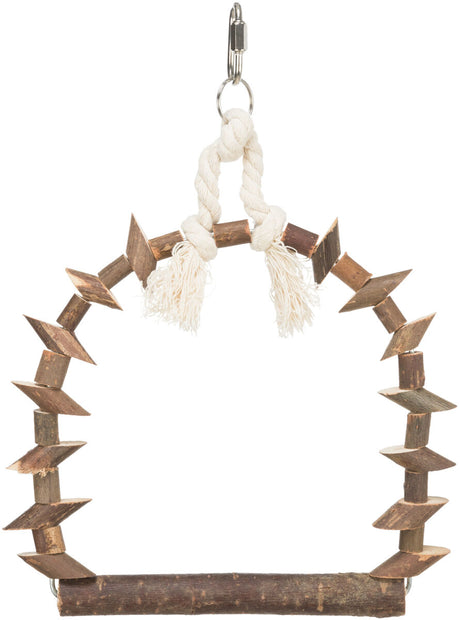 Holz-Schaukel für Vögel mit Seilbefestigung und Metallhaken, bestehend aus einem Bogen mit aufgereihten Holzscheiben.