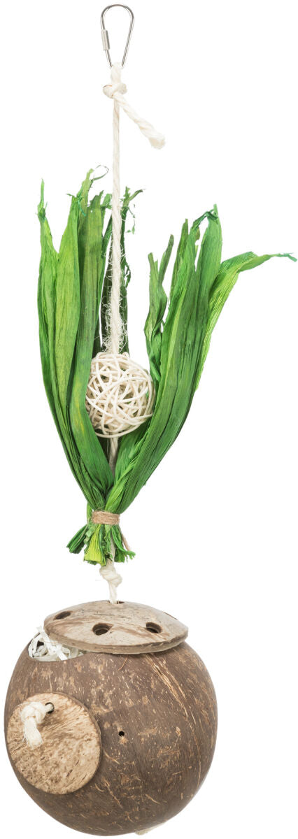 Hängender Kokosnussbehälter mit grünem Laub und Ball aus geflochtenem Material, befestigt an einem Haken.