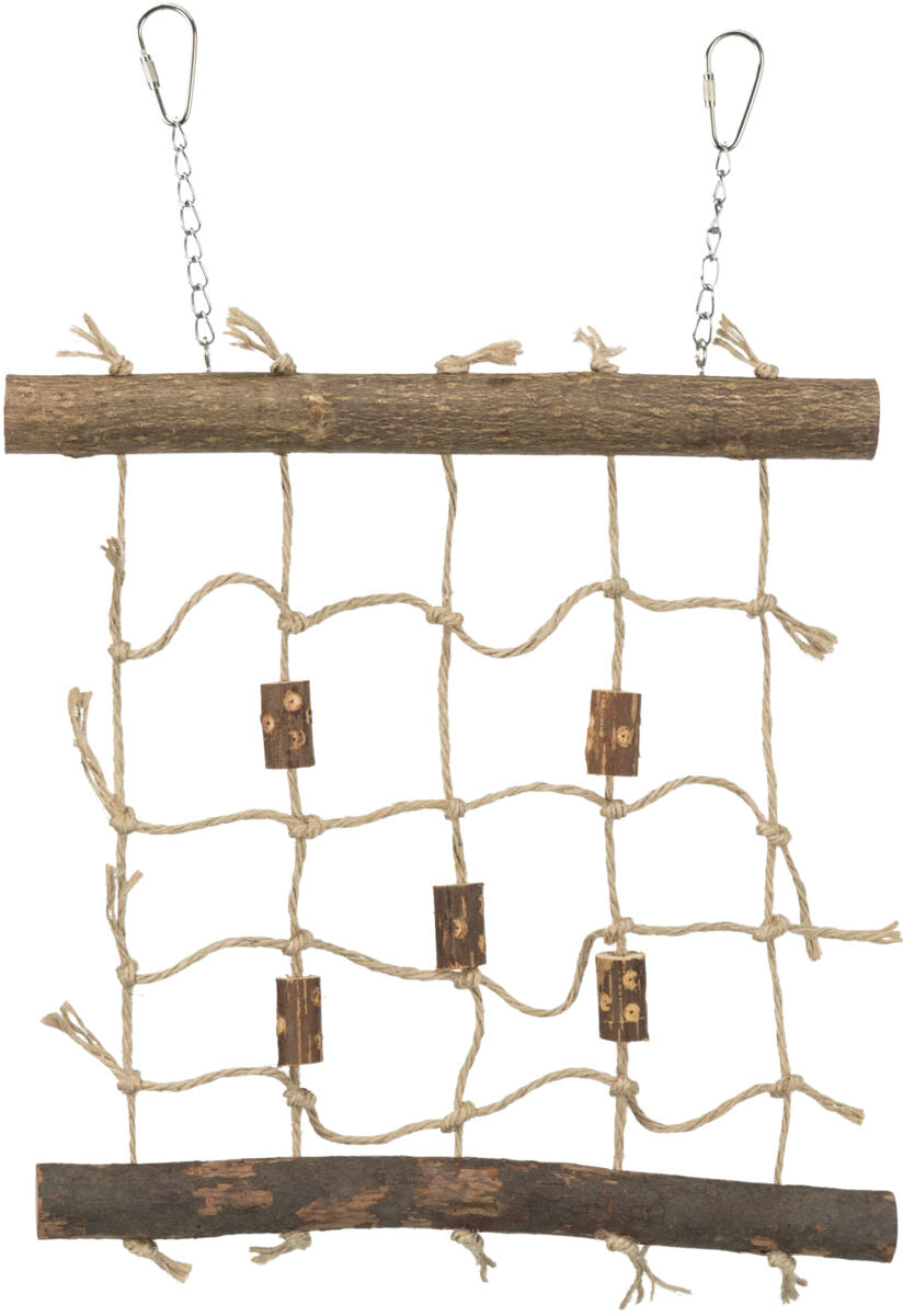 Klettergerüst aus Holzstäben und Seilen mit Karabinerhaken und Ketten zum Aufhängen an der Oberseite.