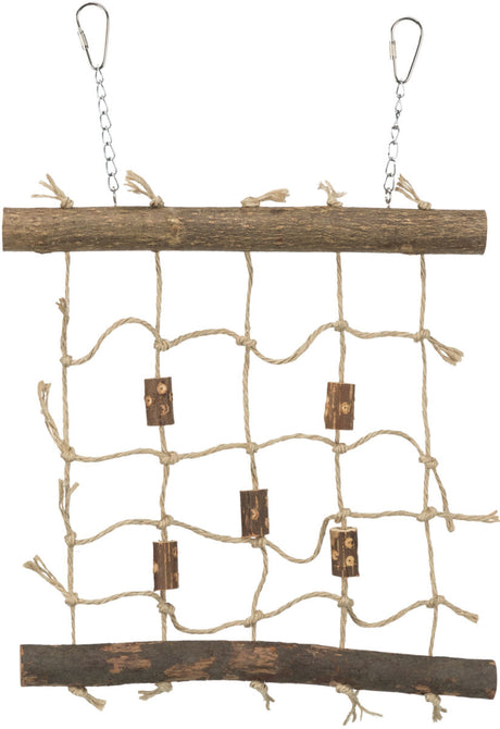 Klettergerüst aus Holzstäben und Seilen mit Karabinerhaken und Ketten zum Aufhängen an der Oberseite.