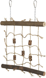 Hängebrücke aus Naturseil mit zwei Holzstäben und Karabinern zur Befestigung, geeignet als Spielzeug.