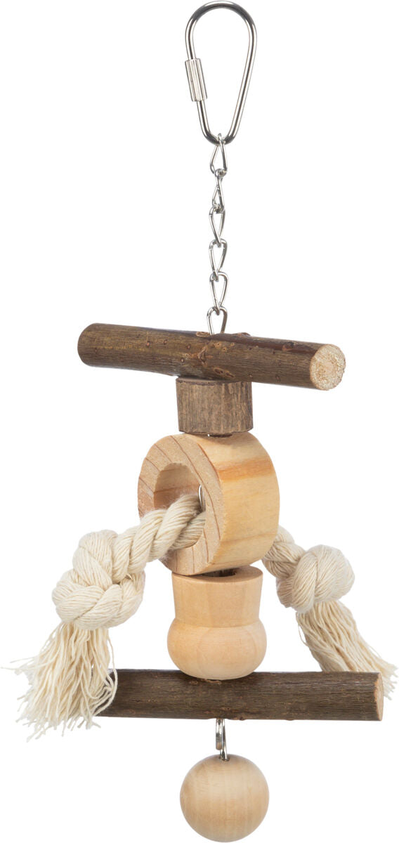 Holzspielzeug zum Aufhängen mit zwei Stäben, Knoten und Kugel, verbunden durch eine Metallkette.