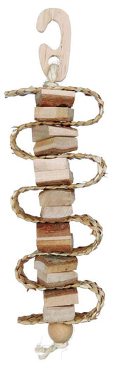 Holzspielzeug mit spiralförmig geflochtenen Seilen und mehreren rechteckigen Holzteilen sowie Holzgriff oben.
