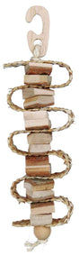 Holzspielzeug mit spiralförmig geflochtenen Seilen und mehreren rechteckigen Holzteilen sowie Holzgriff oben.
