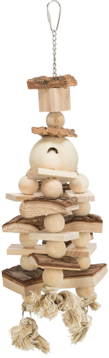 Holzspielzeug mit Kette, bestehend aus Holzstücken, Kugeln und Seil, in natürlichem Farbton, hängend.