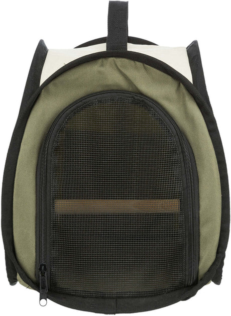 Grüner Rucksack mit schwarzem Netzgewebe vorne, schwarzer Reißverschluss am unteren Rand und eine Trageschlaufe oben.