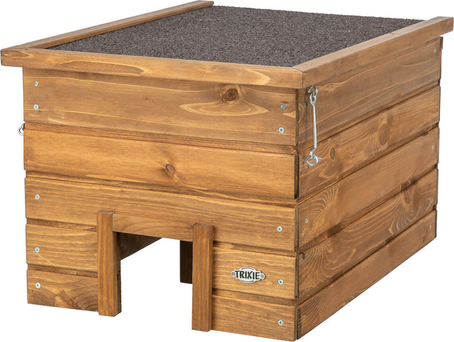 Holzkiste mit dunkelbraunem Dach, seitlicher Metallgriff, waagerechte Paneele, sichtbare Schrauben.
