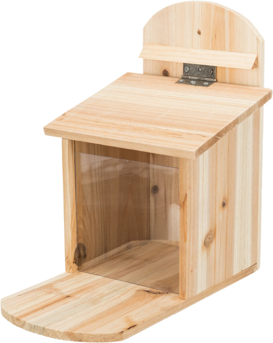 Holzkasten mit klappbarem Dach, Glasscheibe an der Vorderseite, naturbelassenes Holz, einfache Bauweise.
