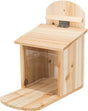 Holzkasten mit klappbarem Dach, Glasscheibe an der Vorderseite, naturbelassenes Holz, einfache Bauweise.