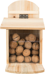 Holzkasten mit Klappe und durchsichtiger Front, gefüllt mit Walnüssen.