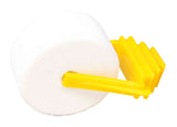 Weiße, runde Schaumstoffscheibe mit gelbem Plastikgriff und gelben Zinken.