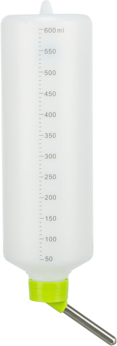 Transparente Trinkflasche mit grüner Kappe und Metallauslauf, Messskala bis 600 ml, Kunststoffmaterial.