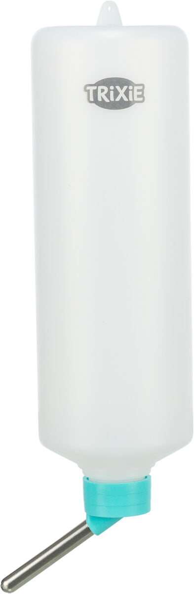 Weiße Trinkflasche mit Metallröhrchen und blauem Anschluss, Markenschriftzug "TRIXIE" auf der Vorderseite.