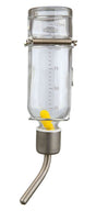 Transparente Trinkflasche aus Glas mit Metallhalter, Messskala in Millilitern, Fassungsvermögen 125 ml.