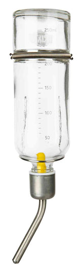 Glaswasserflasche mit 250 ml Anzeige, gelbem Verschluss und gebogenem Metallrohr für Trinkwasser.