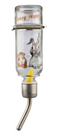 Glasflasche mit Metalltrinkrohr, Aufschrift "Honey&amp;Hopper", Tierillustrationen von Meerschweinchen und Hase.