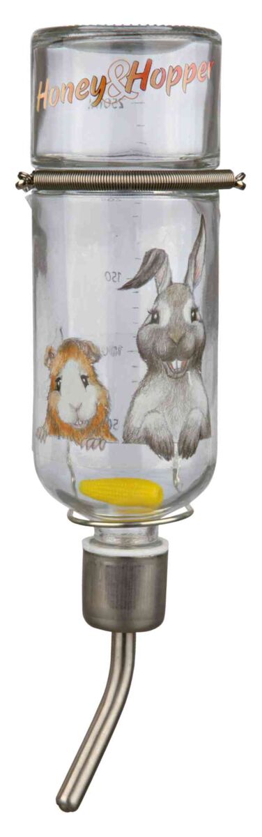 Durchsichtige Trinkflasche mit Metallauslaufrohr, Aufschrift "Honey&amp;Hopper", Zeichnungen von Kaninchen und Meerschweinchen.